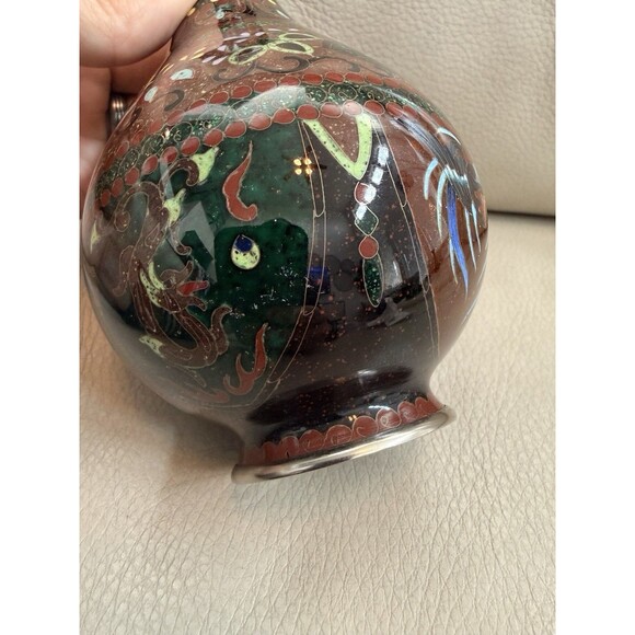 Japanese CLOISONNE Bud Vase Red Brown Gold Fleck Phoenix Bird Kyoto Butterfly - Picture 11 of 16